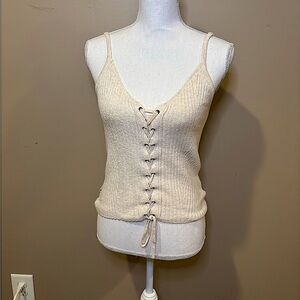 American Eagle Outfitters Cream Ribbed Tie Front Tank Top